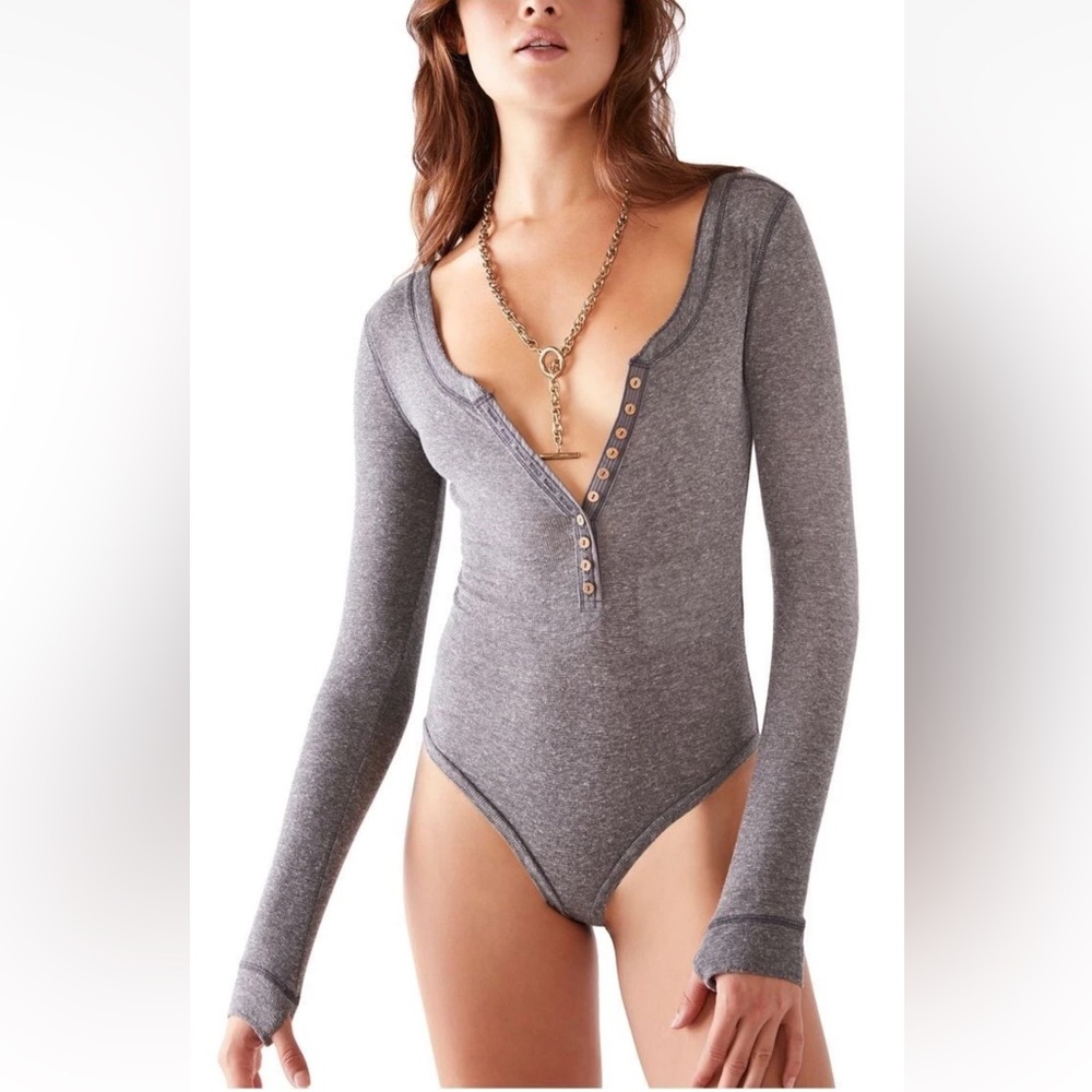 Free People Intimately Women's Dylan Thermal Bodysuit Button Placket Bodycon Sm